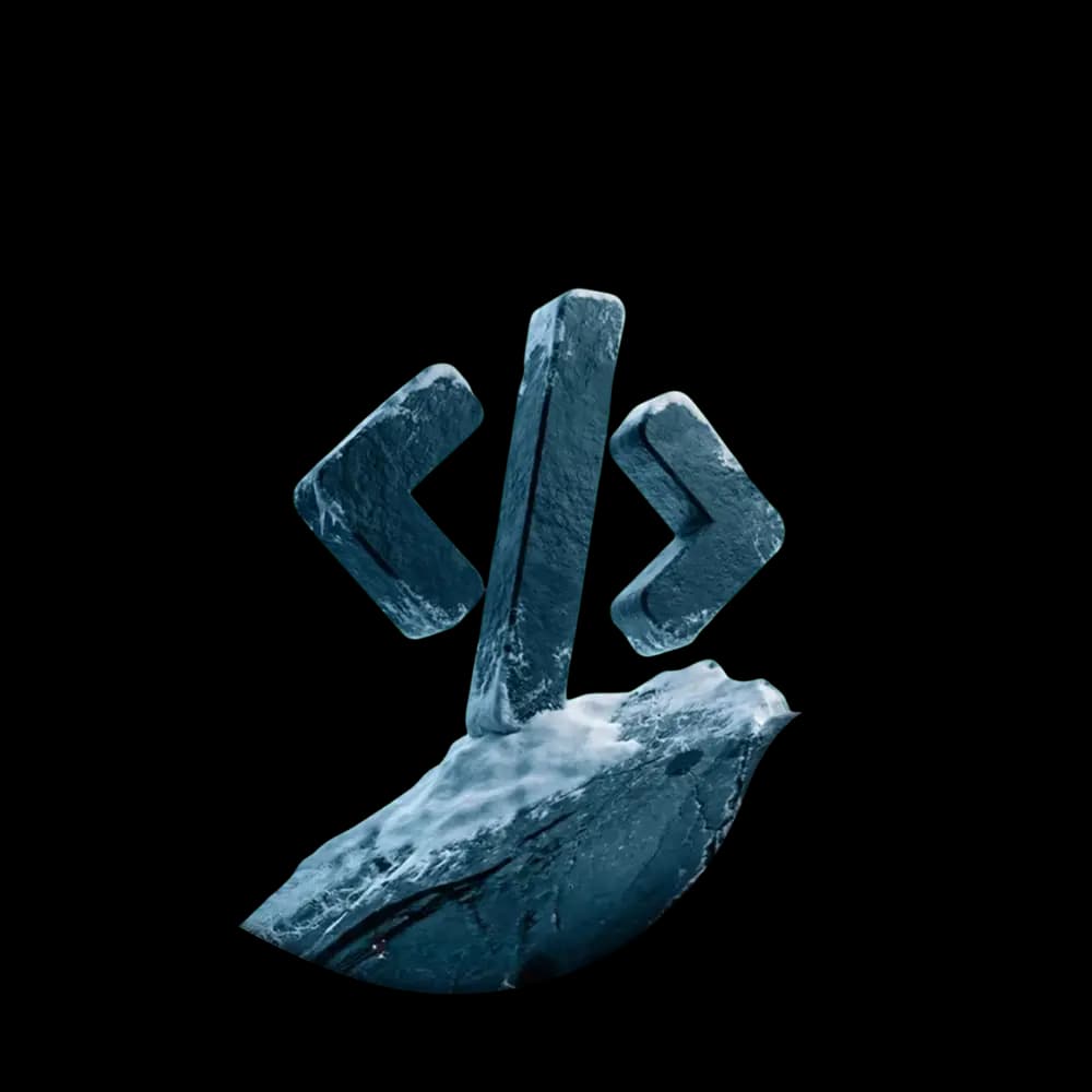 A code bracket symbol carved in ice, rising from a rock formation