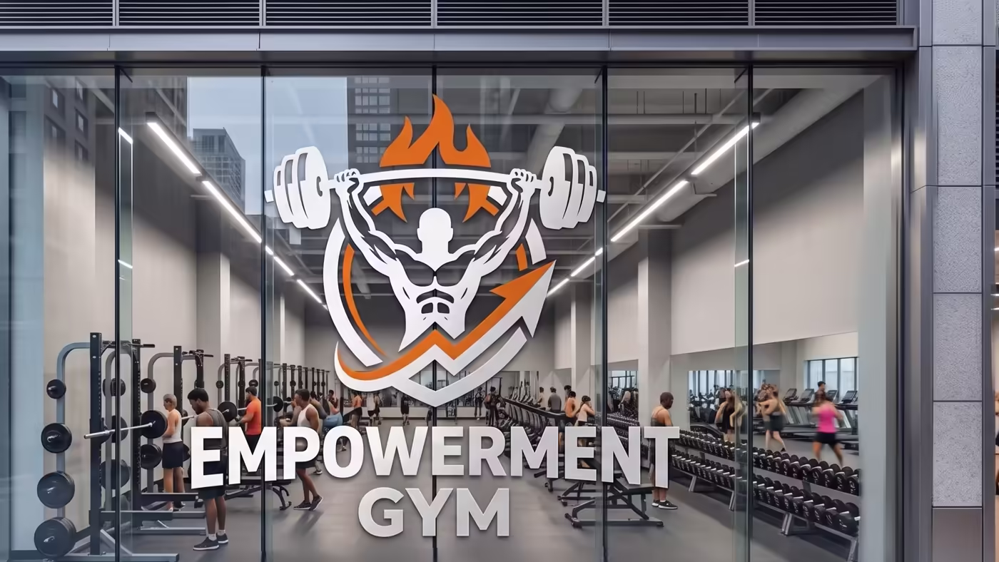 Empowerment Gym glass storefront with the logo applied across the entrance