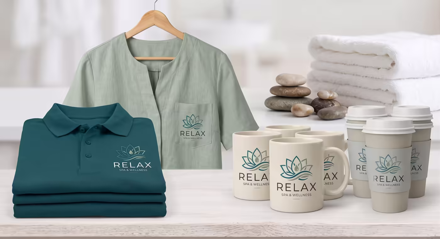 Relax Spa & Wellness uniforms, mugs and cups carrying the lotus mark
