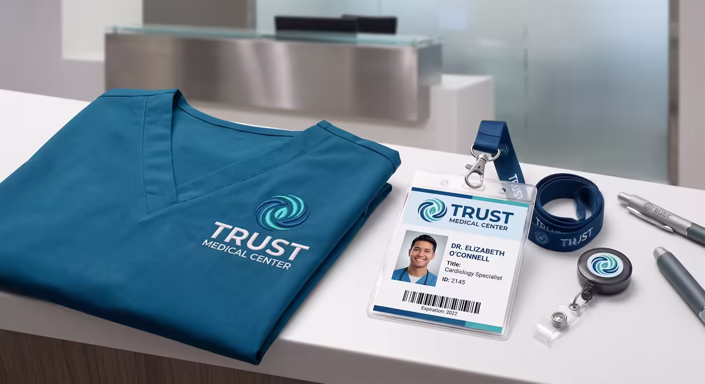 Trust Medical Center scrubs, ID badge and lanyard carrying the identity