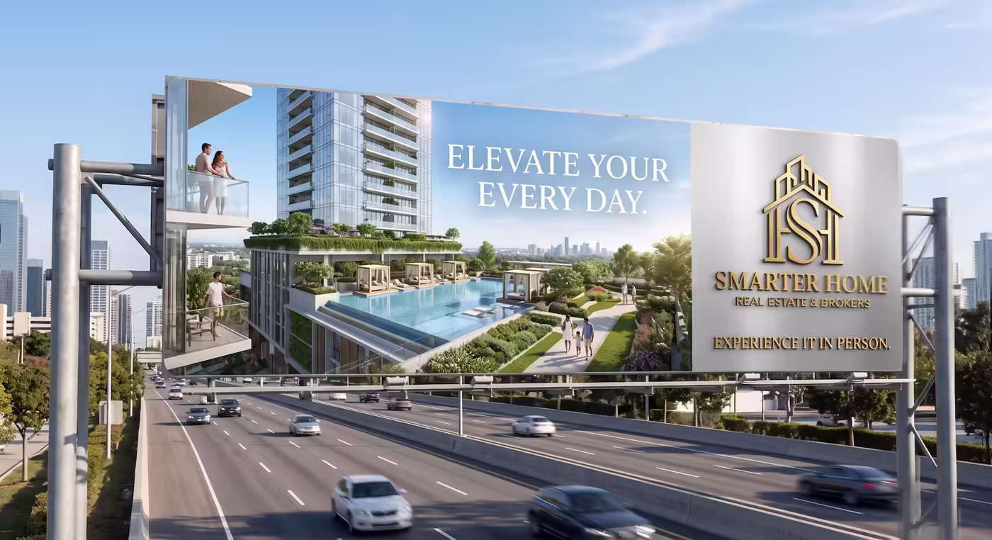 Smarter Home highway billboard advertising a residential tower