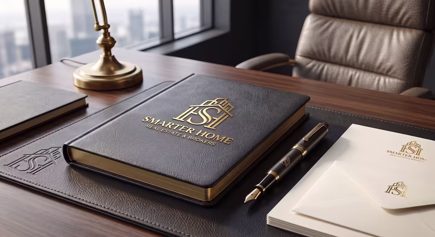 Smarter Home leather notebook, pen and envelopes with the gold logo