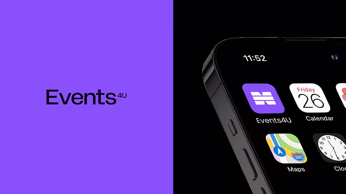 Events4U wordmark beside its app icon on a phone home screen